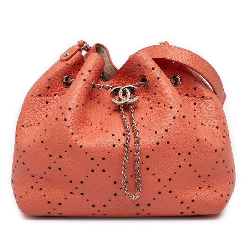 Chanel Medium CC Perforated Caviar Drawstring Bucket Bag Orange Leather Good condition - Front View