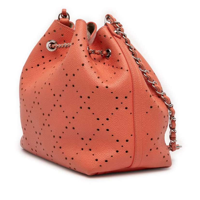 Chanel Medium CC Perforated Caviar Drawstring Bucket Bag Orange Leather Good condition - Back View