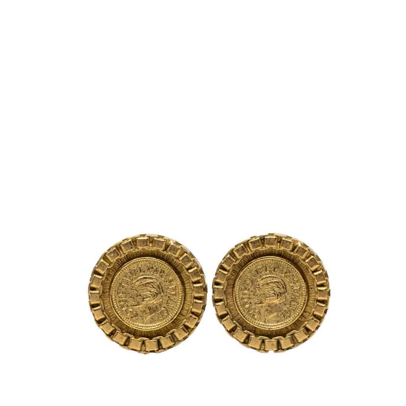 Chanel Gold Plated Coco Coin Clip On Earrings Gold Metal Very good condition - Front View