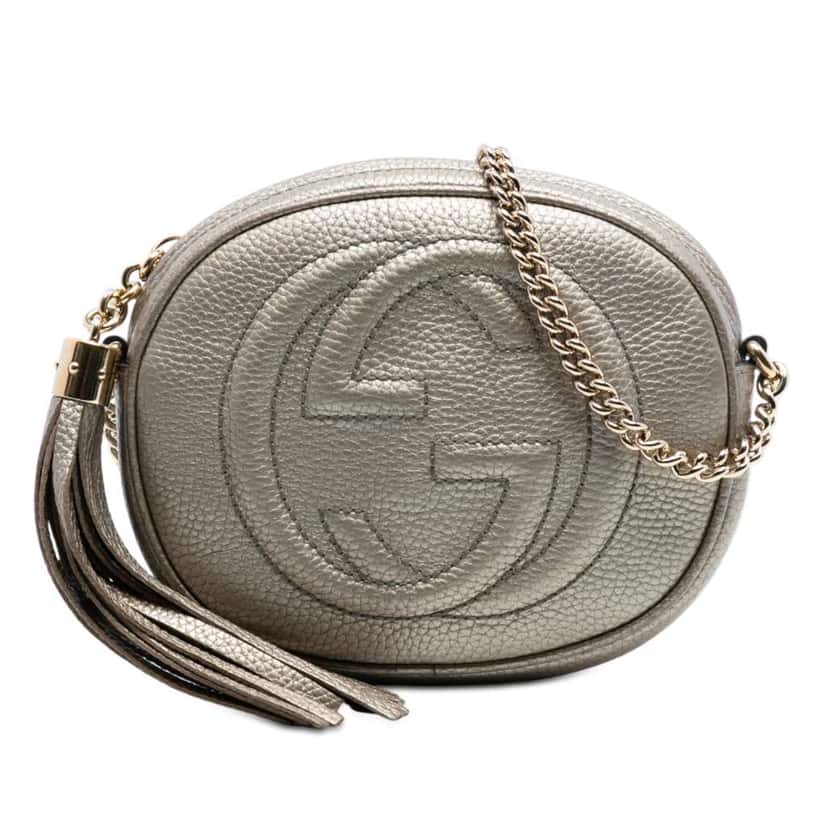 Gucci Mini Metallic Pebbled Calfskin Soho Chain Crossbody Silver Leather Very good condition - Front View