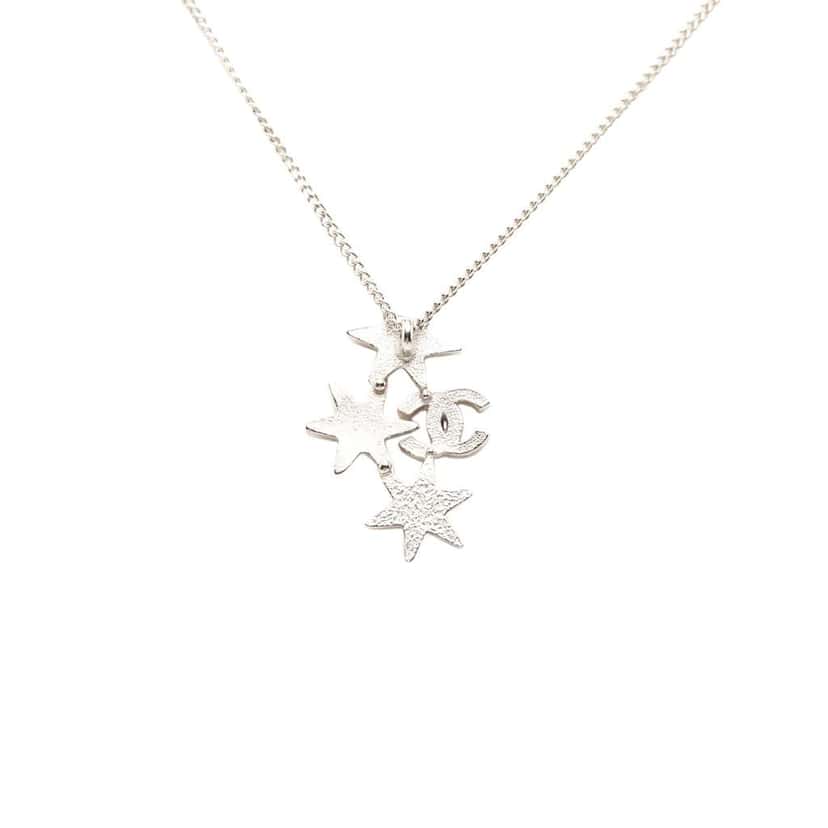 Chanel CC Silver Plated Beads and Rhinestones Star Pendant Necklace Silver Metal Very good condition - Inside View