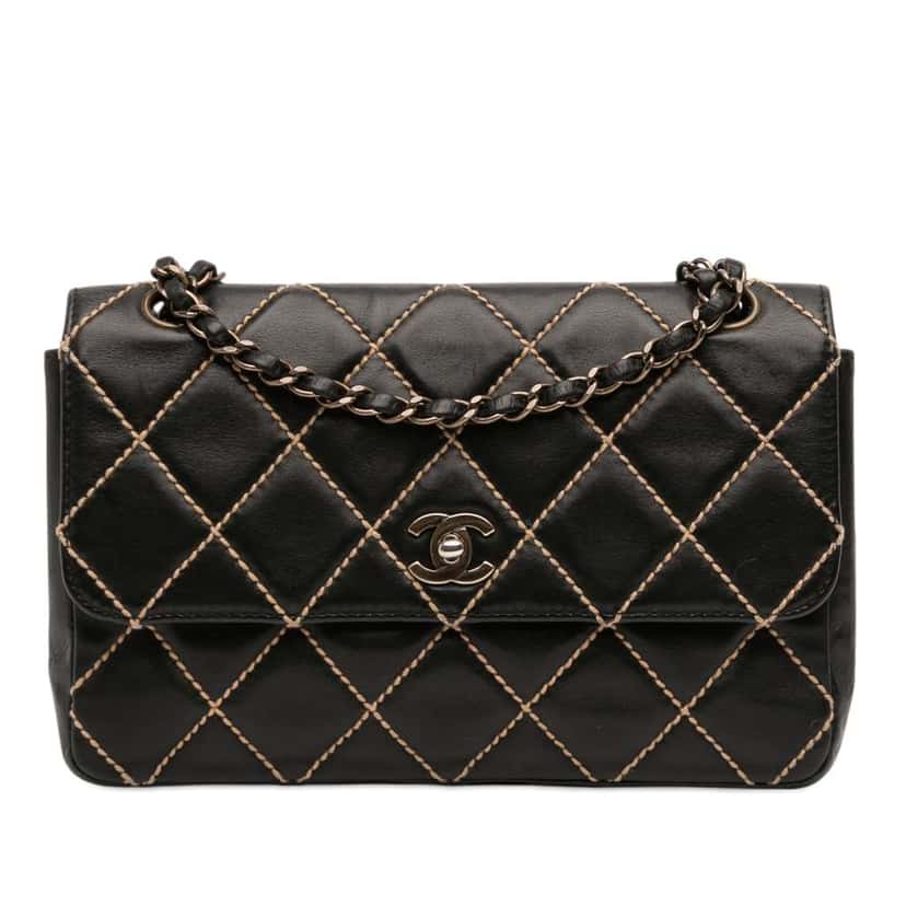 Chanel CC Wild Stitch Lambskin Flap Black Leather Very good condition - Front View