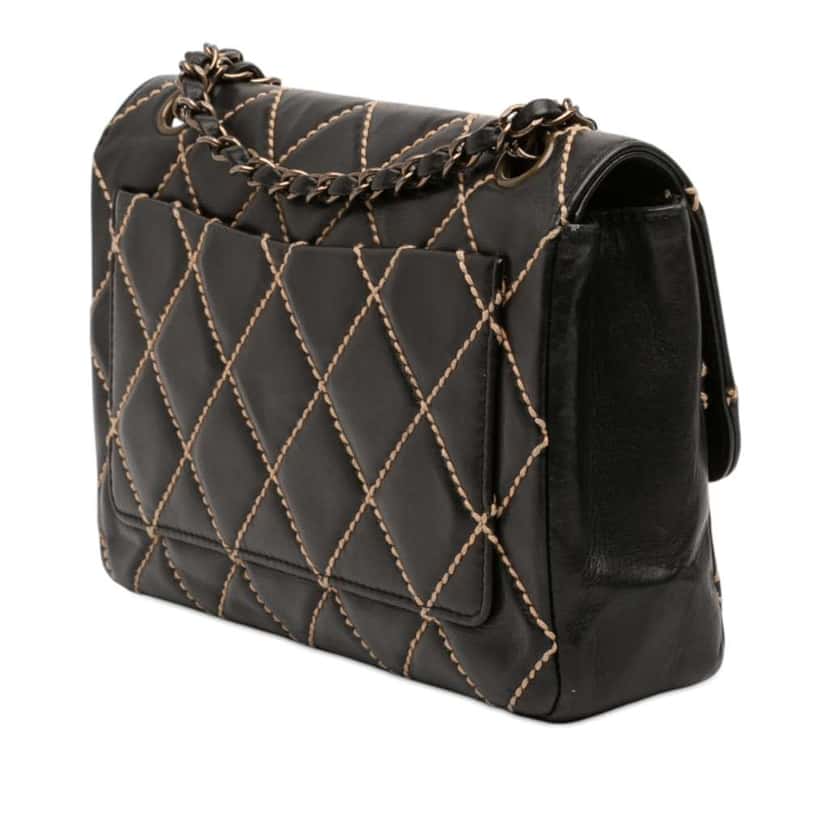 Chanel CC Wild Stitch Lambskin Flap Black Leather Very good condition - Back View