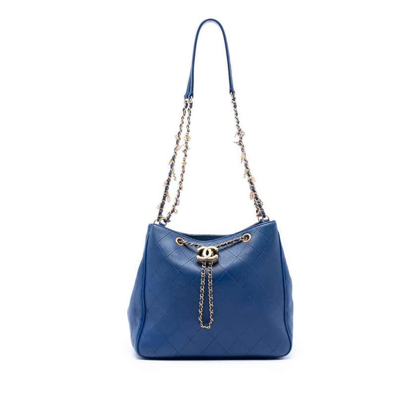 Chanel Medium Stitched Calfskin Egyptian Amulet Drawstring Bucket Bag Blue Leather Good condition - Front View