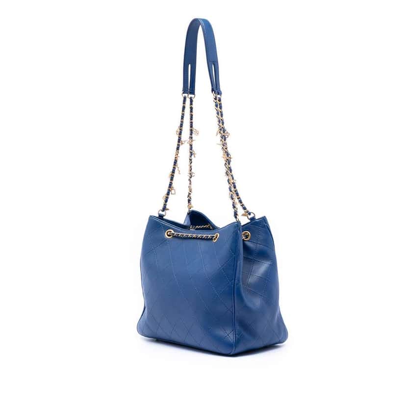 Chanel Medium Stitched Calfskin Egyptian Amulet Drawstring Bucket Bag Blue Leather Good condition - Back View