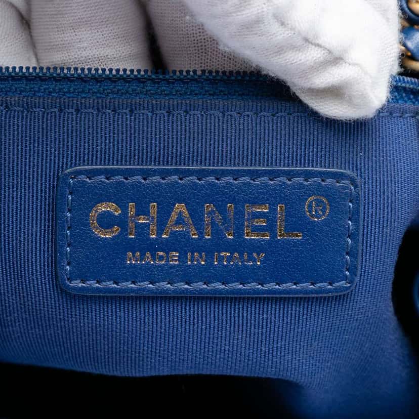 Chanel Medium Stitched Calfskin Egyptian Amulet Drawstring Bucket Bag Blue Leather Good condition - Box View