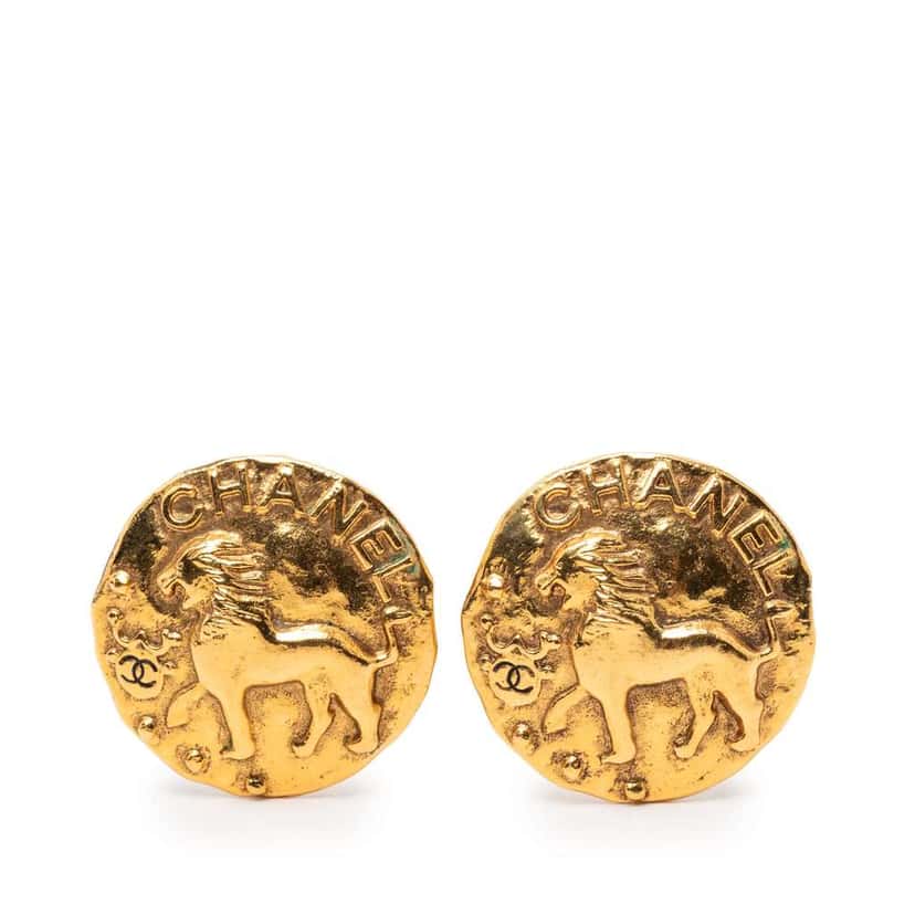 Chanel Gold Plated Lion Round Clip On Earrings Gold Metal Very good condition - Front View