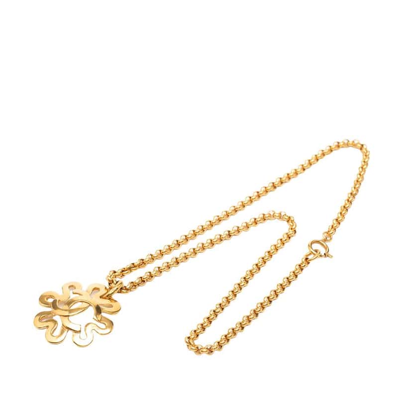 Chanel Gold Plated CC Flower Pendant Necklace Gold Metal Good condition - Box View