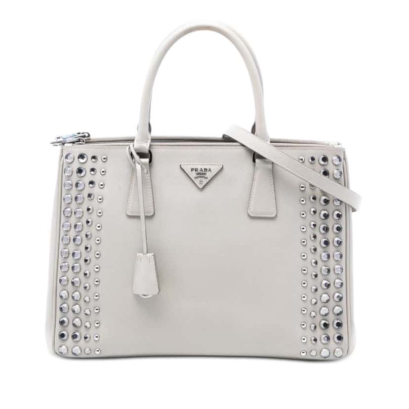 Prada Medium Saffiano Lux Studded Crystal Galleria Double Zip Satchel Grey Leather Very good condition - Front View