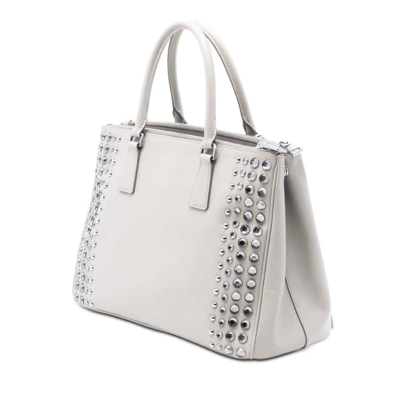 Prada Medium Saffiano Lux Studded Crystal Galleria Double Zip Satchel Grey Leather Very good condition - Back View