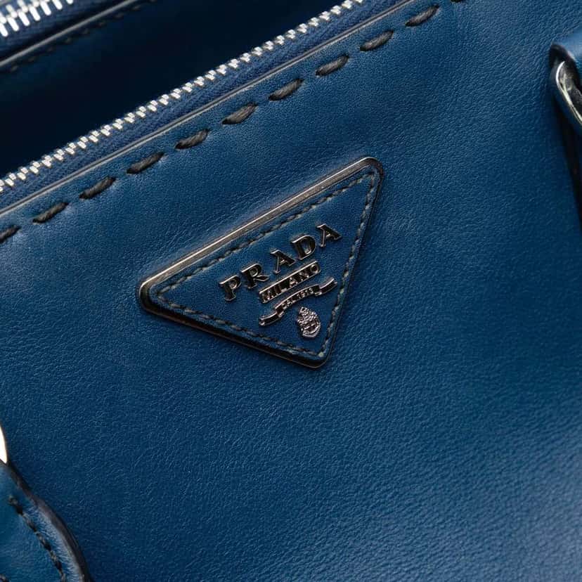 Prada Medium City Calf Hand Stitched Galleria Double Zip Satchel Blue Leather Good condition - Box View
