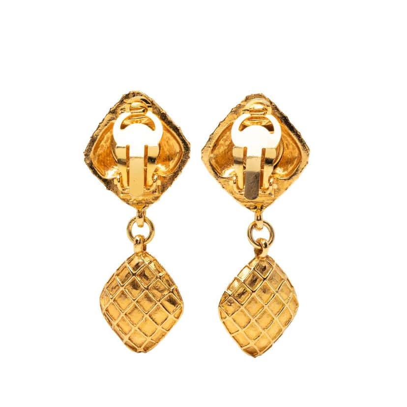 Chanel Quilted Gold Plated Rhinestone Diamond Shape Drop Clip On Earrings Gold Metal Good condition - Back View