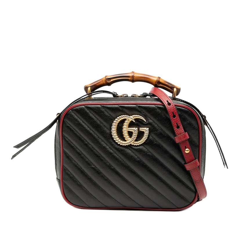 Gucci Small GG Marmont Matelasse Diagonal Leather Torchon Bamboo Satchel Black Leather Very good condition - Front View