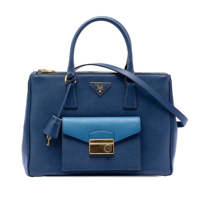 Prada Saffiano Lux Galleria Double Zip Front Pocket Satchel Blue Leather Very good condition - Front View