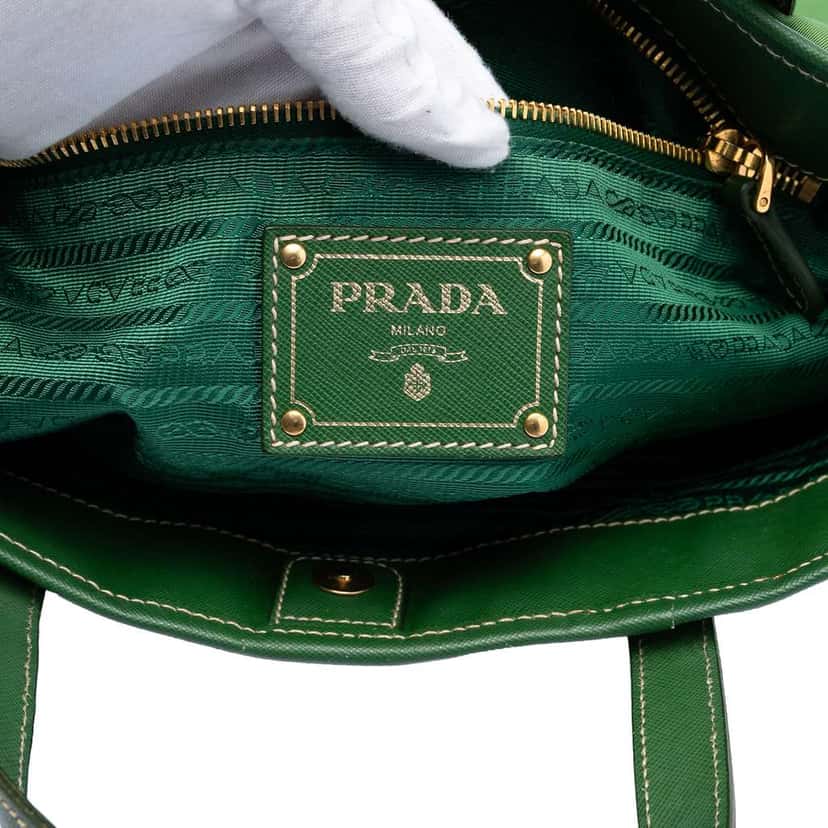Prada Saffiano Trimmed Tessuto Logo Plate Convertible Tote Green Very good condition - Box View