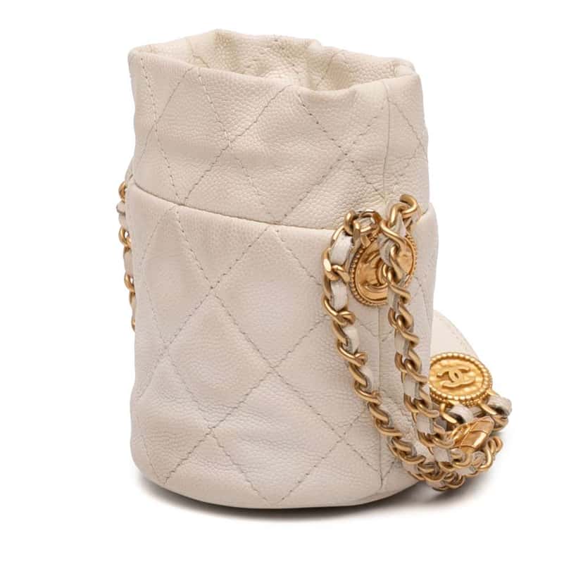 Chanel Mini Quilted Caviar Twist Your Buttons Drawstring Bucket Bag White Leather Very good condition - Back View
