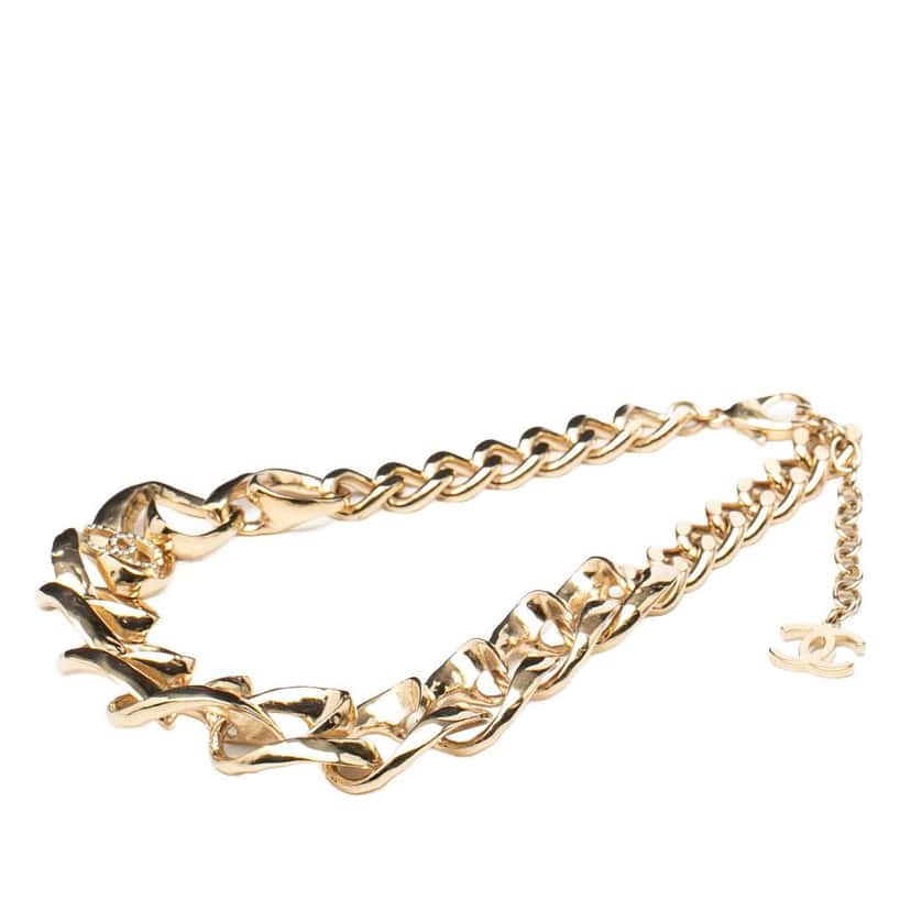Chanel CC Gold Plated Rhinestone Chain Choker Necklace Gold Metal Very good condition - Front View