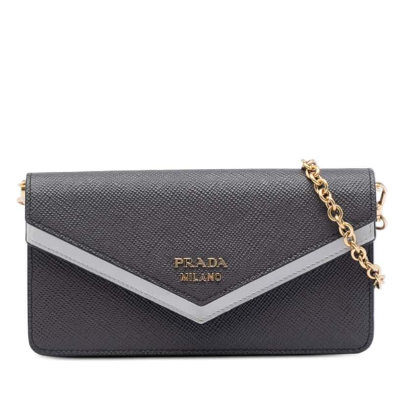 Prada Bicolor Saffiano Lux Envelope Double Flap Wallet on Chain Black Leather Very good condition - Front View