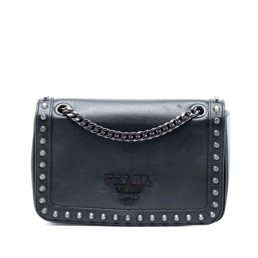 Prada Glace Calfskin Studded Crossbody Black Leather Very good condition - Front View