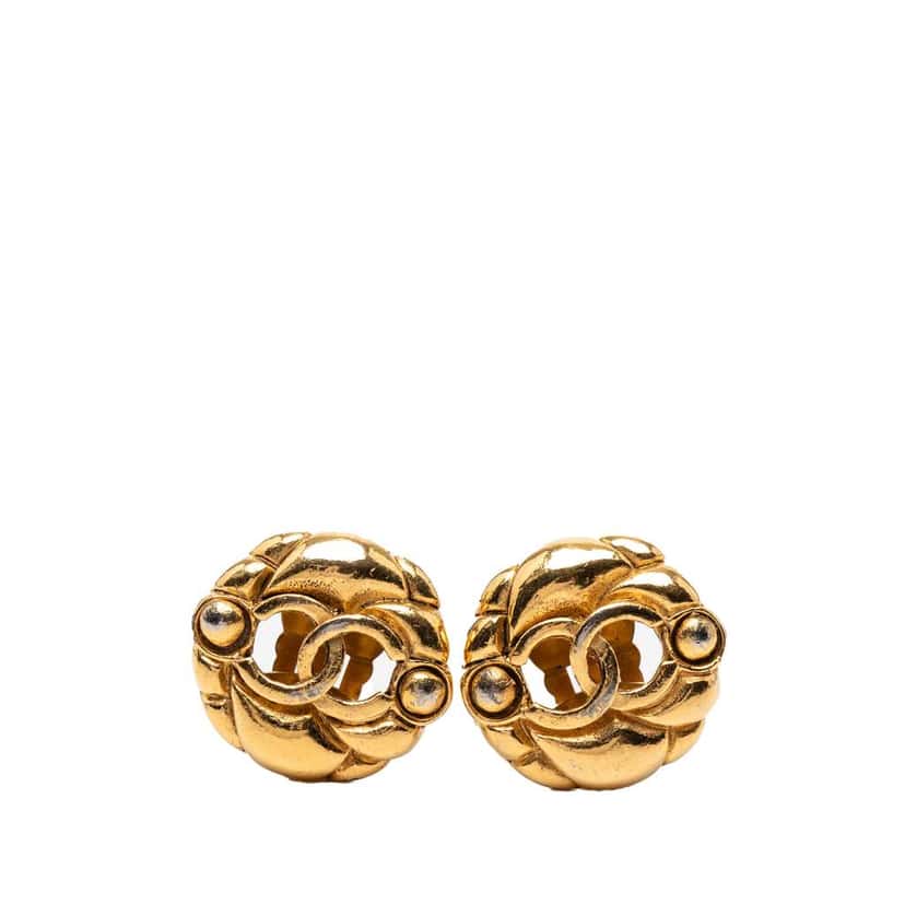 Chanel Gold Plated CC Hollow Round Clip On Earrings Gold Metal Very good condition - Front View