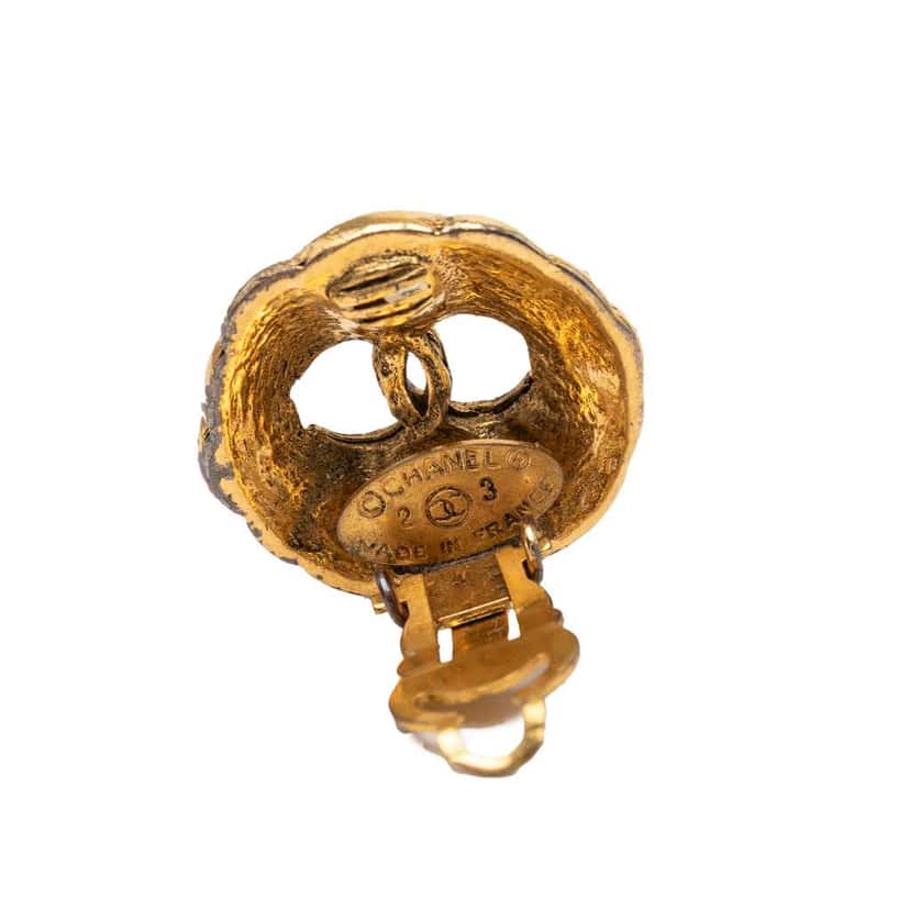 Chanel Gold Plated CC Hollow Round Clip On Earrings Gold Metal Very good condition - Inside View