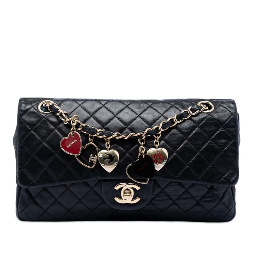 Chanel Medium Classic Lambskin Valentines Heart Charms Single Flap Black Leather Very good condition - Front View