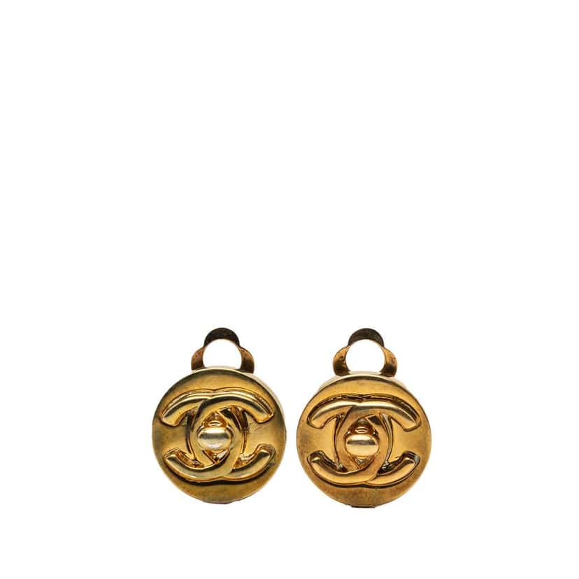 Chanel Gold Plated CC Turnlock Round Clip On Earrings Gold Metal Good condition - Front View