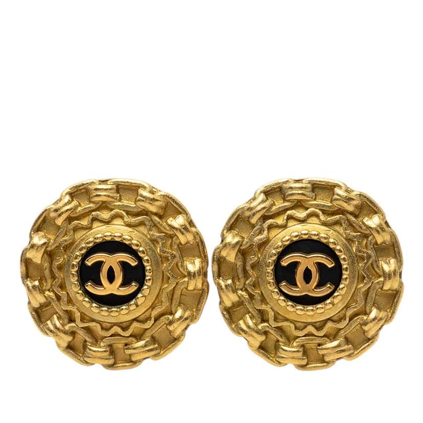 Chanel CC Gold Plated Resin Chain Round Clip On Earrings Gold Metal Very good condition - Front View