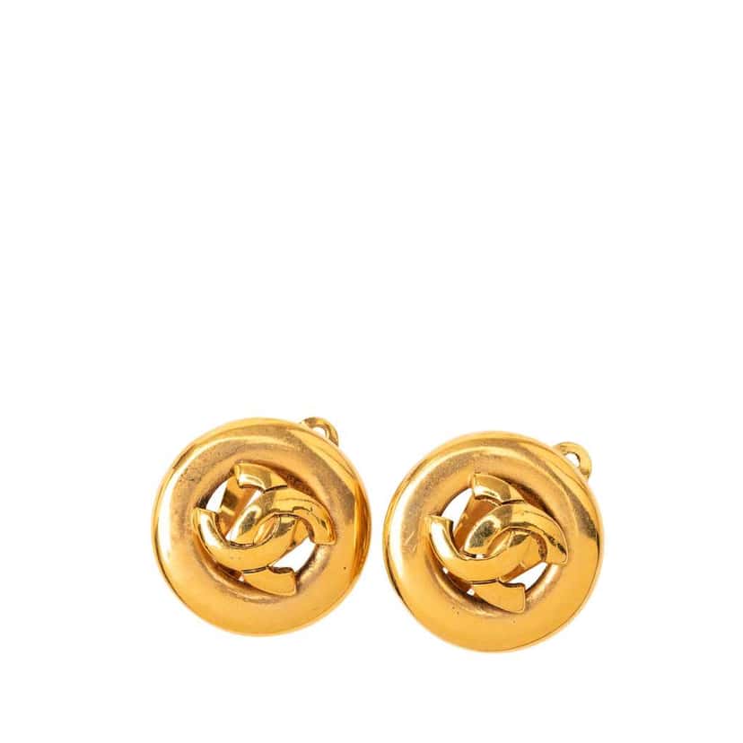 Chanel CC Gold Plated Round Clip On Earrings Gold Metal Very good condition - Front View