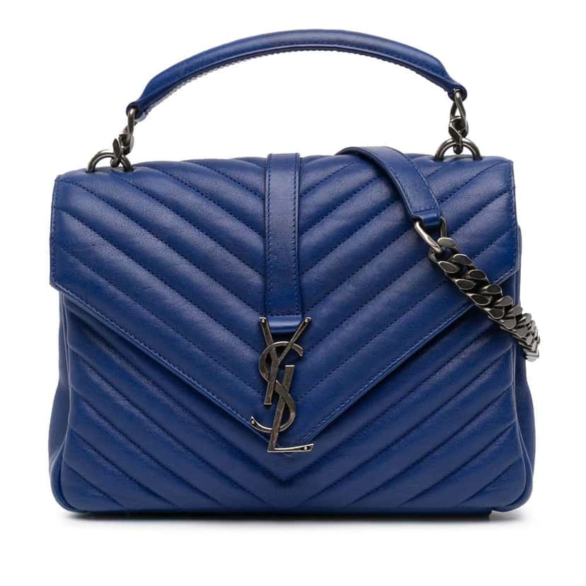 Saint Laurent Medium Chevron Sheepskin Monogram College Satchel Blue Leather Good condition - Front View