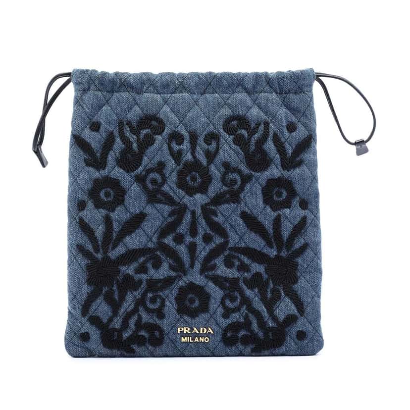 Prada Impuntu  Denim Embroidered Drawstring Pouch Blue Denim Good condition - Front View