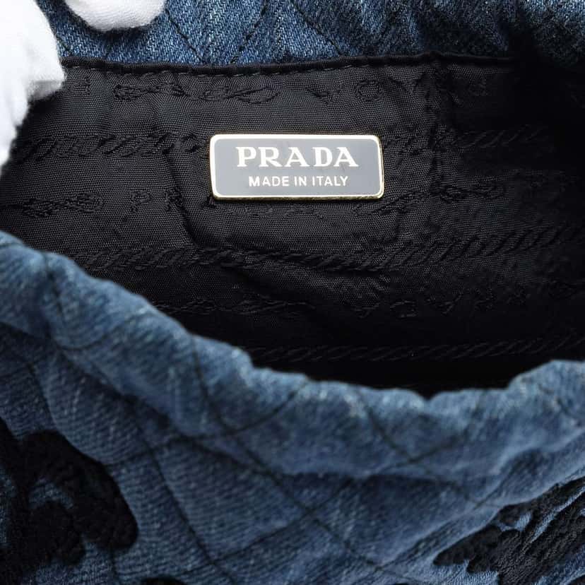Prada Impuntu  Denim Embroidered Drawstring Pouch Blue Denim Good condition - Box View