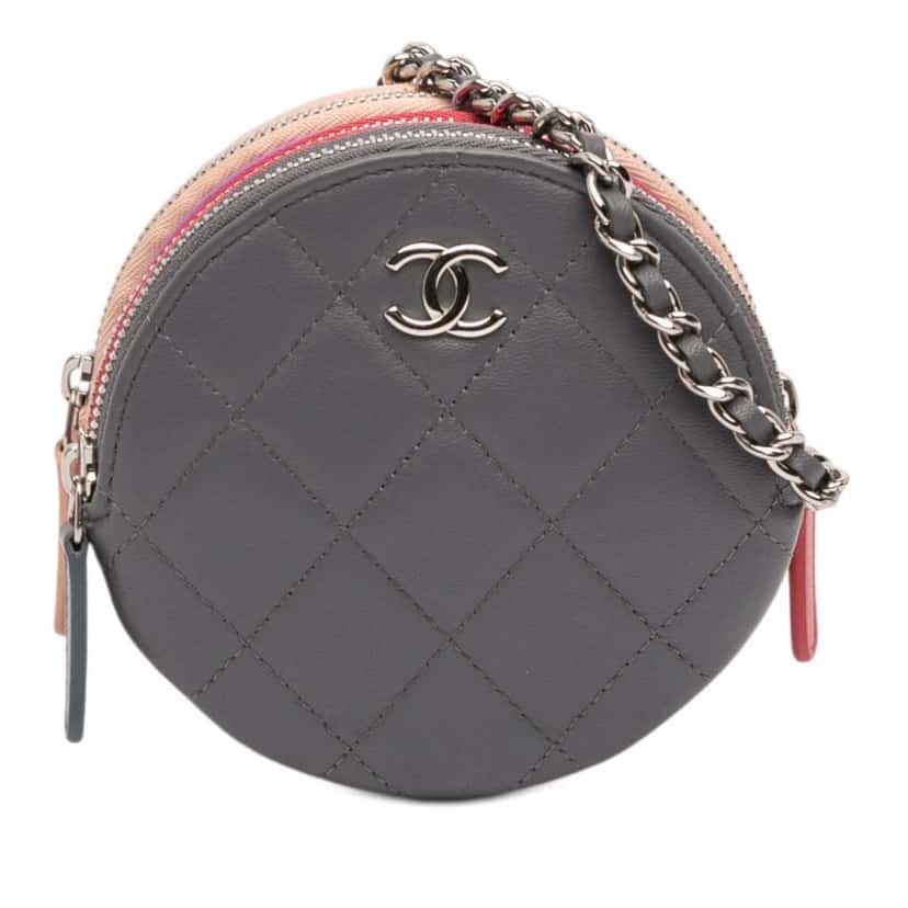 Chanel CC Quilted Lambskin Triple Zip Round Clutch With Chain Grey Leather Very good condition - Front View