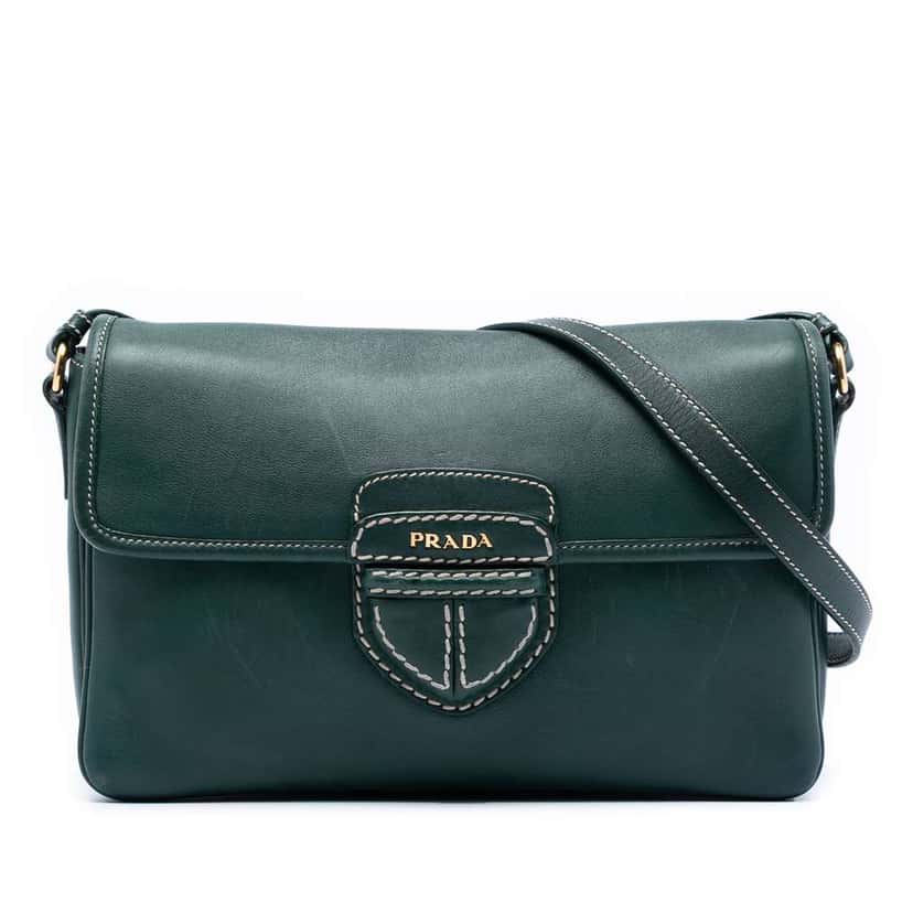 Prada City Calf Push Lock Flap Crossbody Green Leather Very good condition - Front View