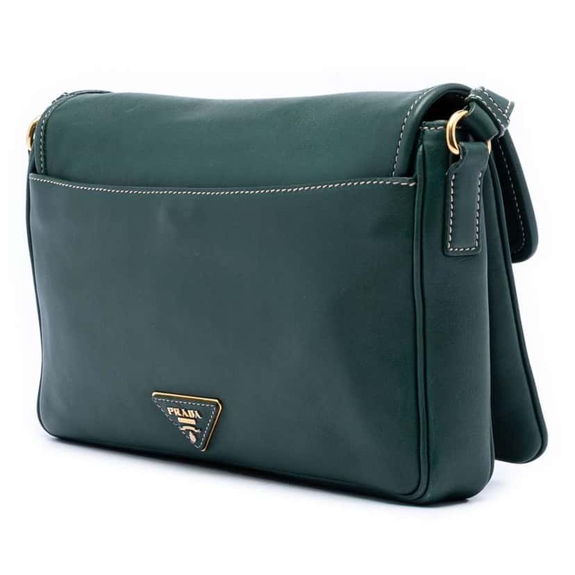 Prada City Calf Push Lock Flap Crossbody Green Leather Very good condition - Back View