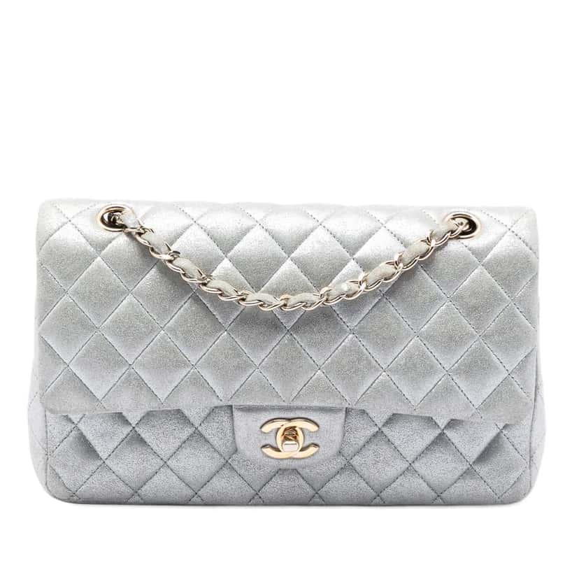 Chanel Medium Classic Metallic Lambskin Double Flap Silver Leather Very good condition - Front View