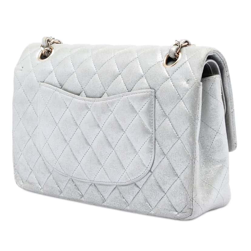 Chanel Medium Classic Metallic Lambskin Double Flap Silver Leather Very good condition - Back View