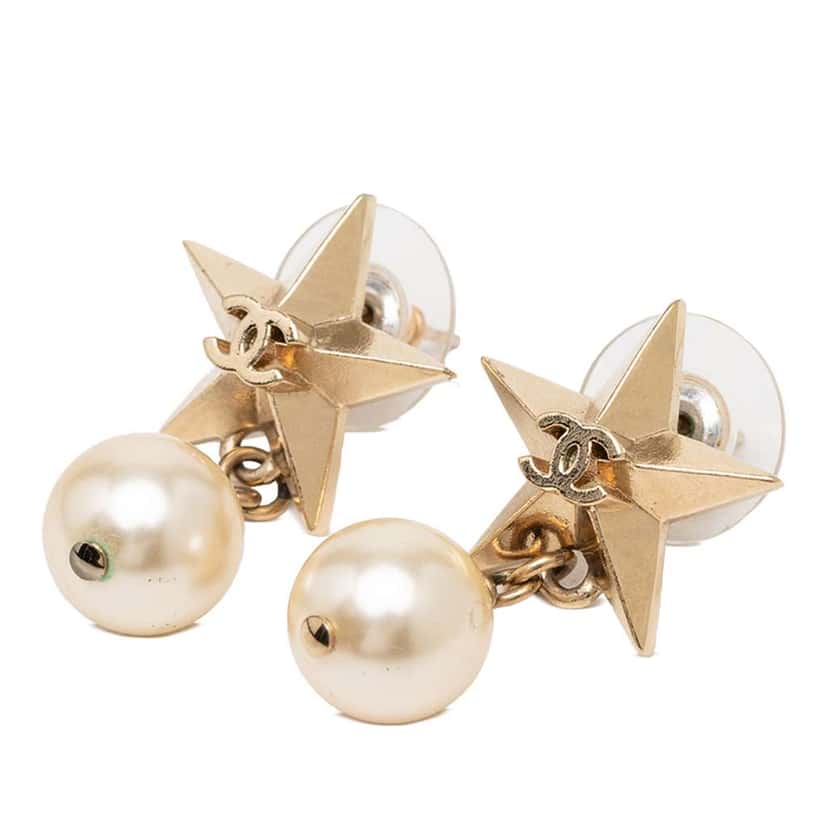 Chanel CC Gold Plated Faux Pearl Star Drop Push Back Earrings Gold Metal Very good condition - Front View