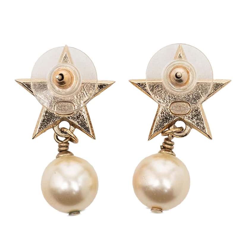 Chanel CC Gold Plated Faux Pearl Star Drop Push Back Earrings Gold Metal Very good condition - Back View