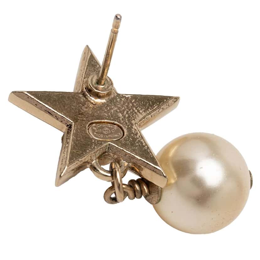 Chanel CC Gold Plated Faux Pearl Star Drop Push Back Earrings Gold Metal Very good condition - Inside View