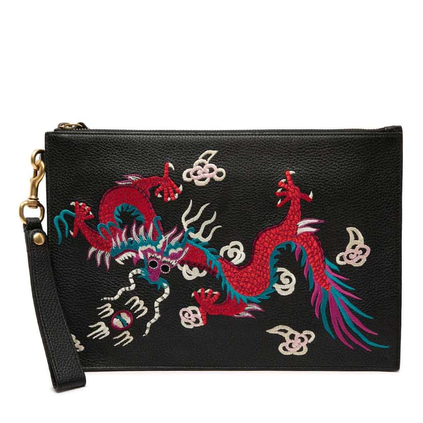 Gucci Leather Dragon Embroidered Zip Pouch Black Leather Good condition - Front View