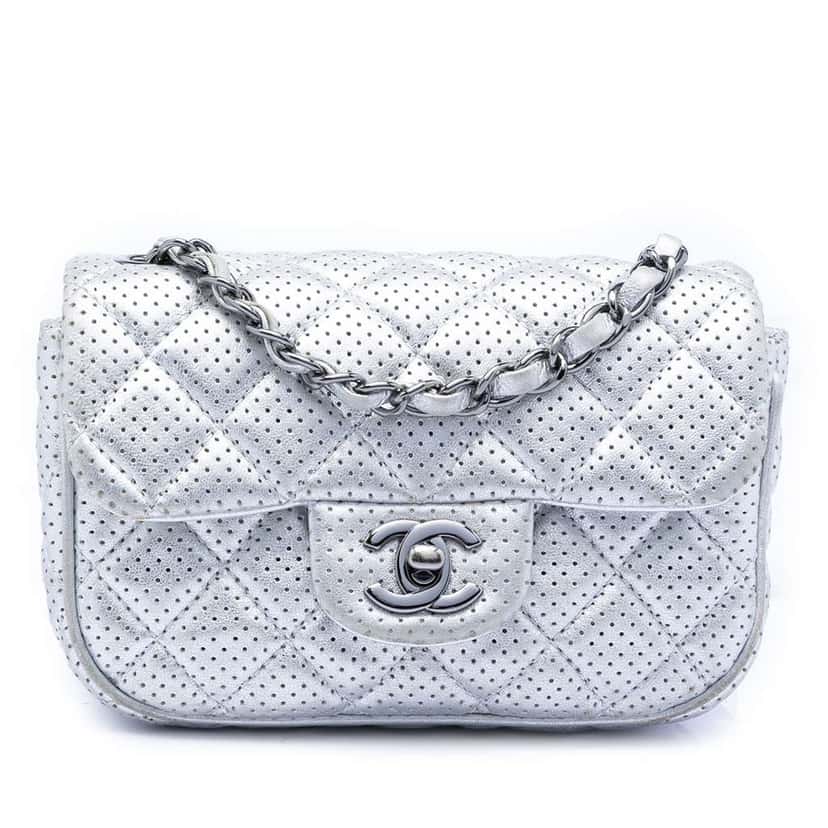 Chanel Mini Perforated Lambskin Punch Flap Silver Leather Good condition - Front View