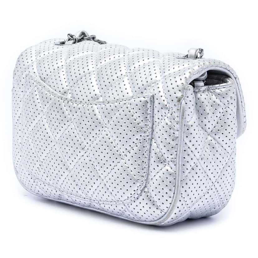 Chanel Mini Perforated Lambskin Punch Flap Silver Leather Good condition - Back View