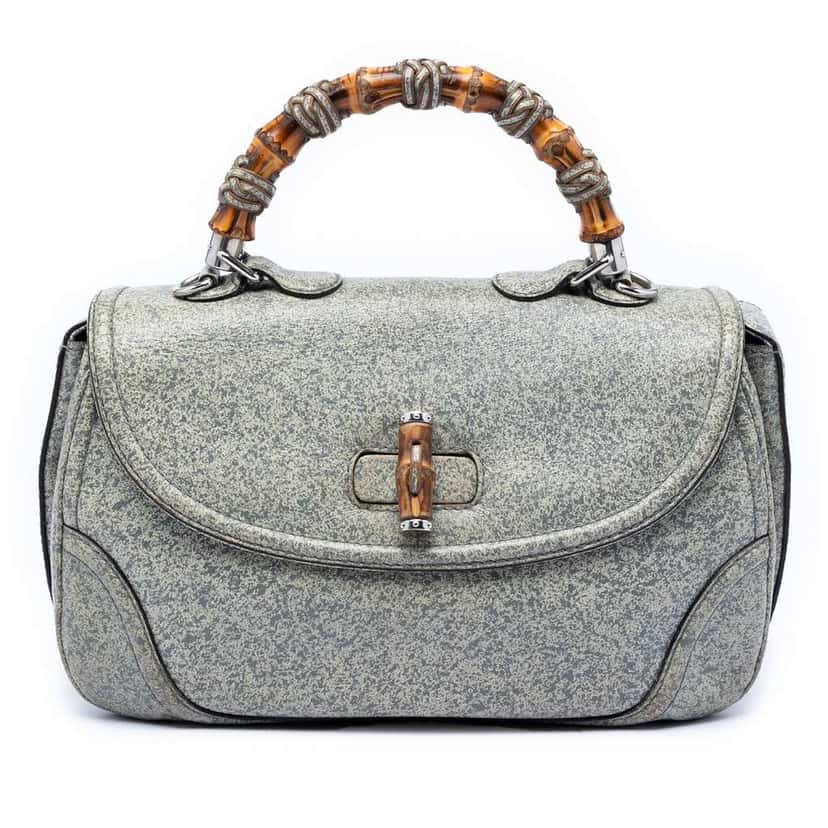 Gucci Large Speckled Leather New Bamboo Top Handle Bag Grey Leather Very good condition - Front View