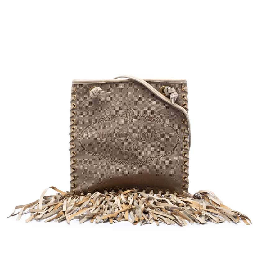 Prada Canvas and Leather Fringed Canapa Logo Crossbody Brown Canvas Very good condition - Front View
