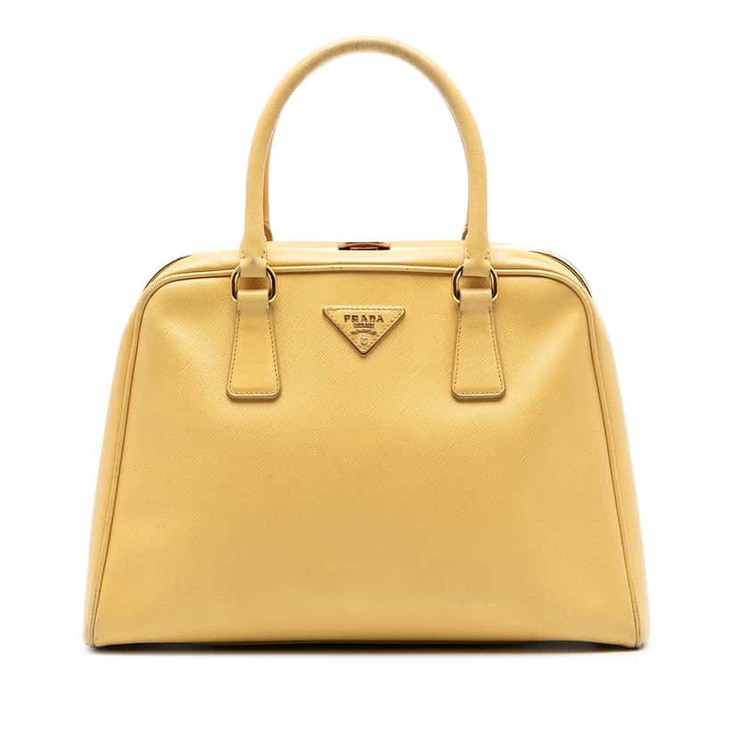 Prada Saffiano Lux Pyramid Frame Satchel Yellow Leather Good condition - Front View