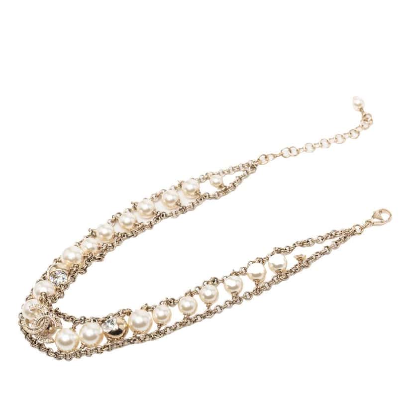 Chanel CC Gold Plated Rhinestone Faux Pearl Chain Choker Necklace Gold Metal Good condition - Inside View