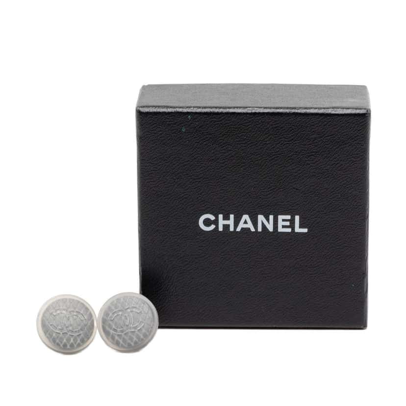 Chanel CC Quilted Rubber Silver Plated Button Push Back Earrings Grey Very good condition - Model View