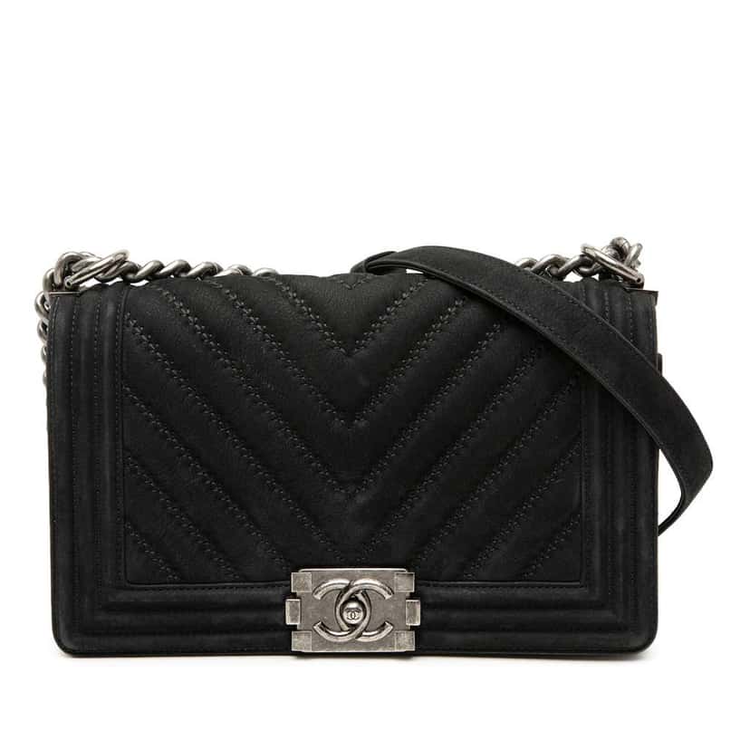Chanel Old Medium Chevron Suede Boy Flap Black Leather Very good condition - Front View