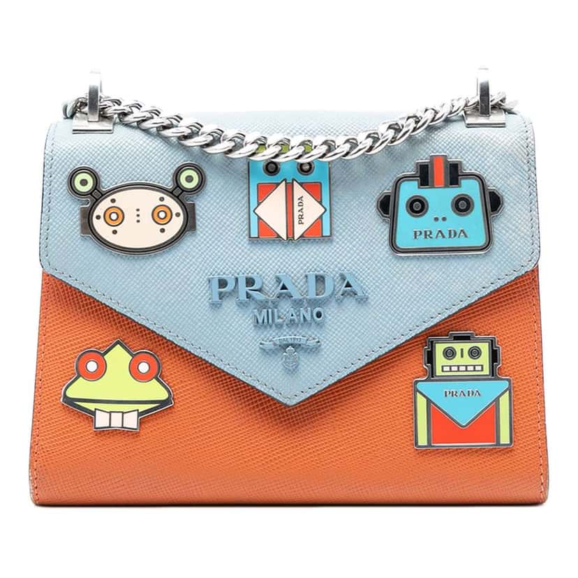 Prada Bicolor Saffiano Cuir Monochrome Robot Patches Envelope Chain Flap Orange Leather Very good condition - Front View